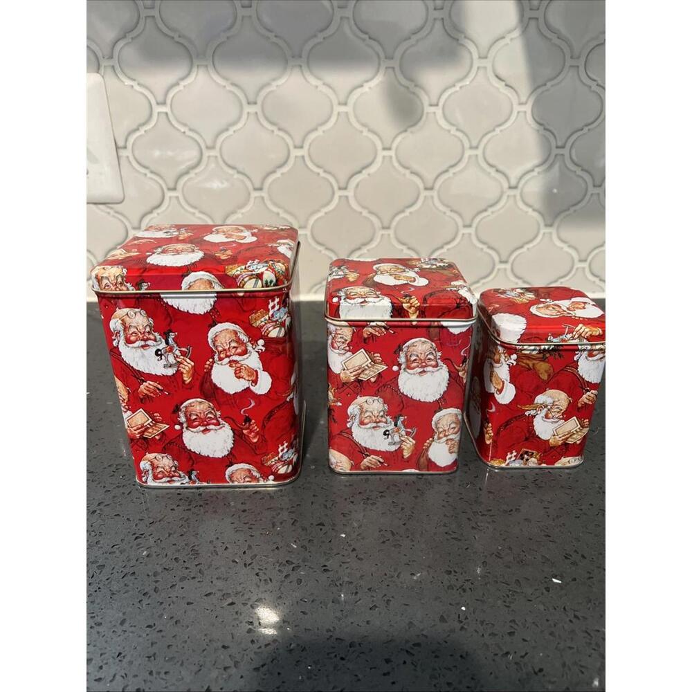 Vintage Santa Tin Nesting 3-pc Set Made in Hong Kong Christmas Holiday
